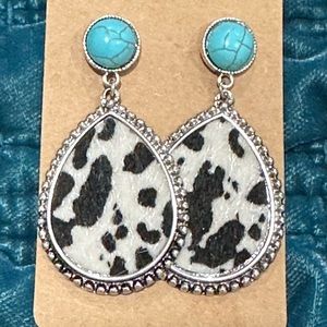 Western Style Turquoise & Cow Print Drop Earrings